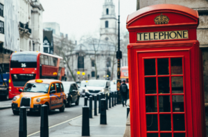 London is often depicted with a red telephone booth. 