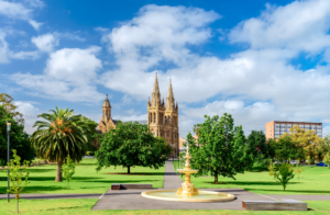 The beautiful greenery of Adelaide, with the St. Peter's Cathedral.  