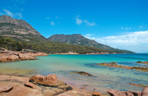 The bright blue water of the Tasmanian beach.