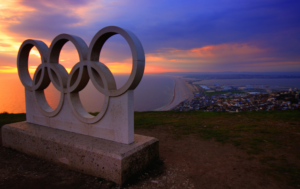 olympic rings statue over looking Weymouth Bay from the Isle of Portland