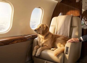 Chien Golden Retriever voyageant en cabine de jet privé.