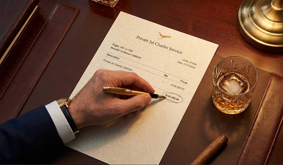 Executive Reviewing Flight Tax Costs On A Private Charter Invoice.