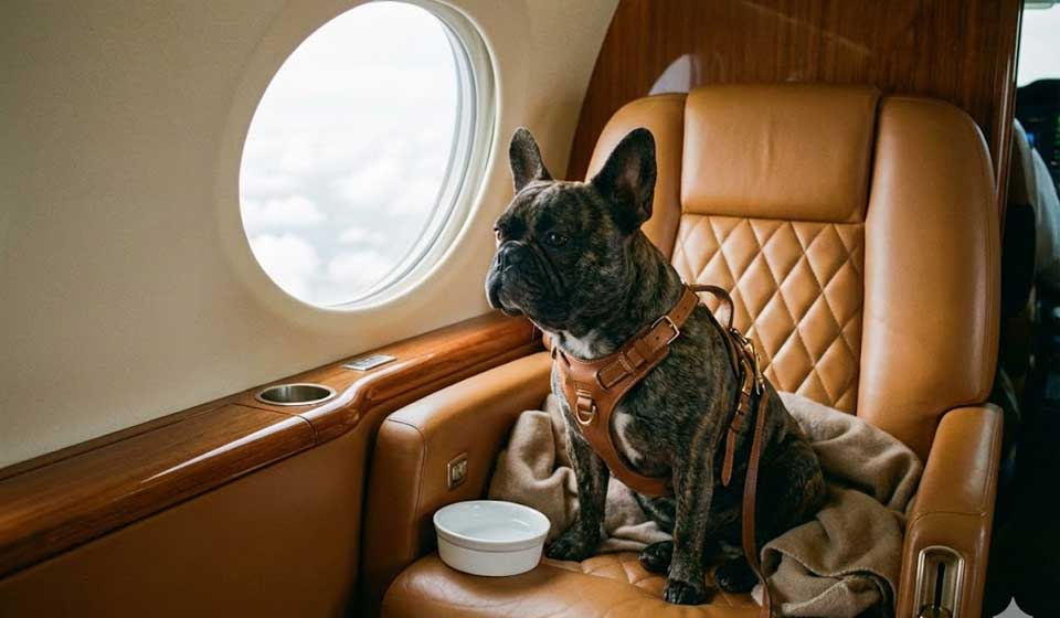 French Bulldog Flying Safe In Private Jet Cabin.
