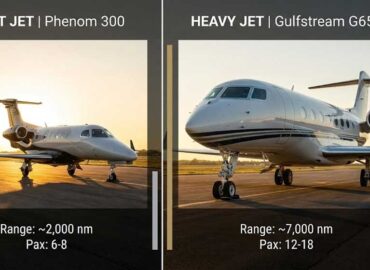 Comparison of Light Jet vs Heavy Jet size on tarmac.