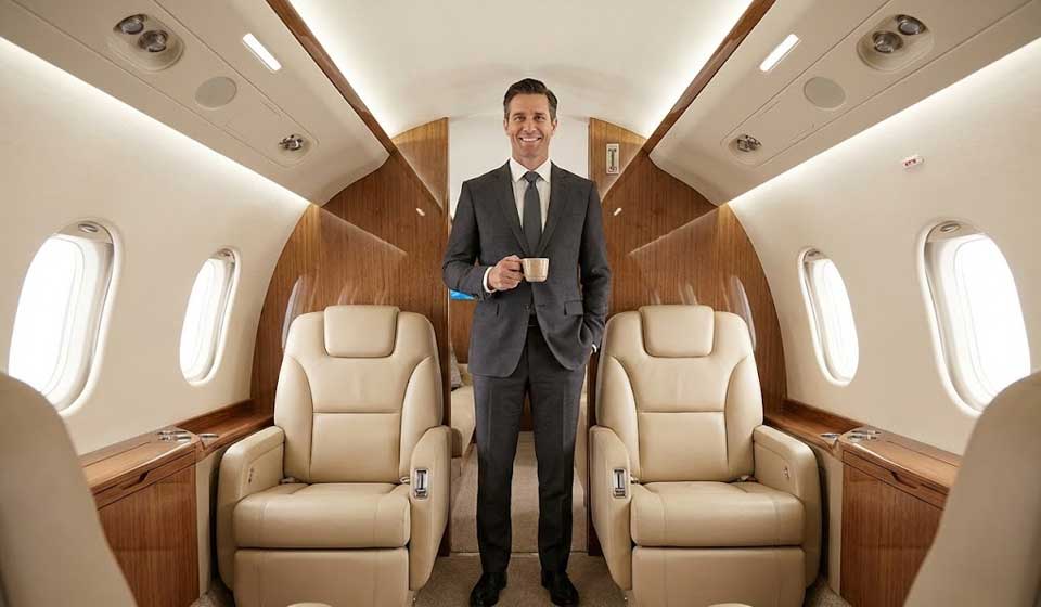 Interior Of Midsize Private Jet With Stand-Up Cabin.