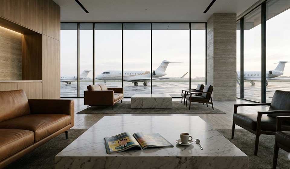 Inside A Quiet Private Jet Terminal Fbo Lounge.