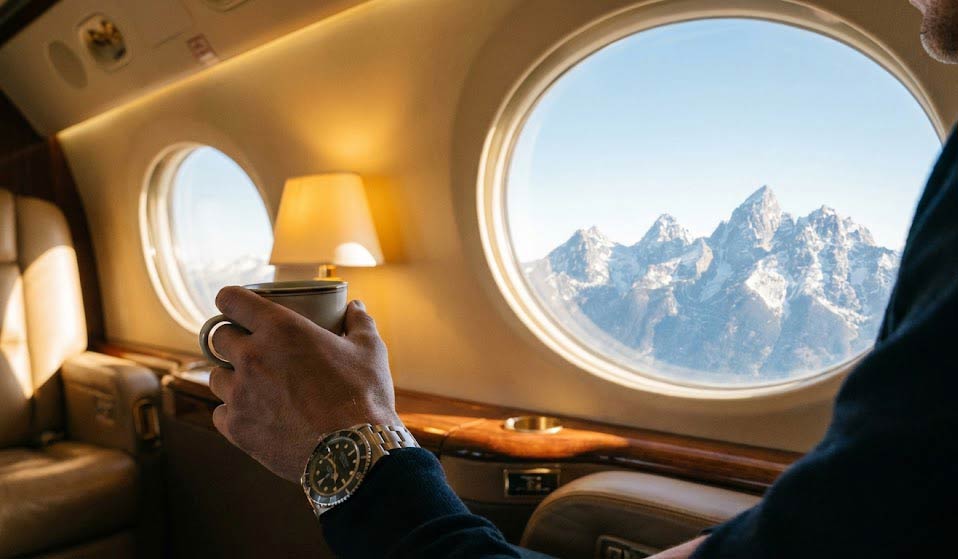 Passenger Enjoying Mountain Views From A Luxury Private Jet Window