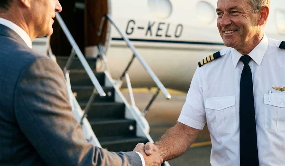 Pilot Greeting Passenger At The Steps Of A Private Jet.
