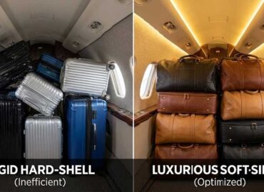 Comparison of hard shell vs soft sided luggage for private jet packing.