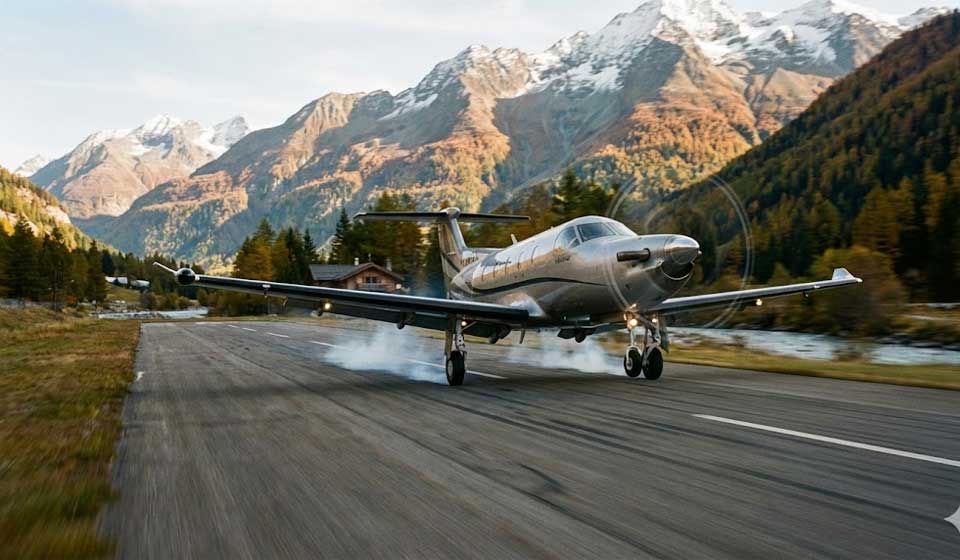 Pilatus Pc-12 Landing At A Short Runway Executive Airport In The Mountains.