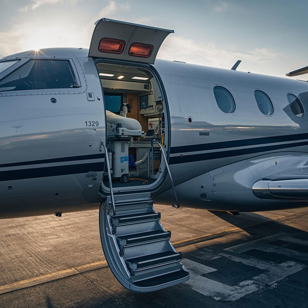 An air ambulance jet on the runway, prepared for safe and urgent medical charter flights.