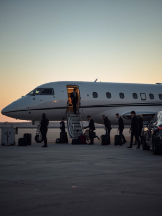 A wide-body private jet parked on the tarmac, an ideal transport solution for large sports team charters.