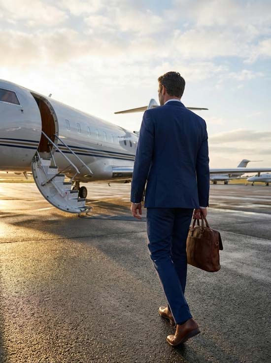 Business Executive Boarding A Private Jet For An Executive Charter 1