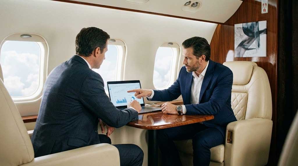 Executives Working Comfortably Inside A Private Jet.
