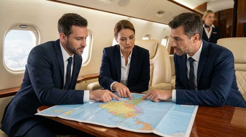Executives Planning Business Travel Across South America On A Private Jet.