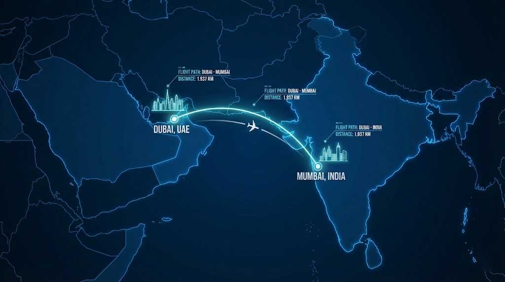 Map Showing The Popular Private Jet Dubai To India Flight Corridor.