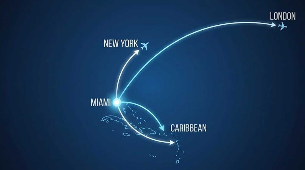 Map Showing Popular Routes For Miami Private Jet Charter Flights.