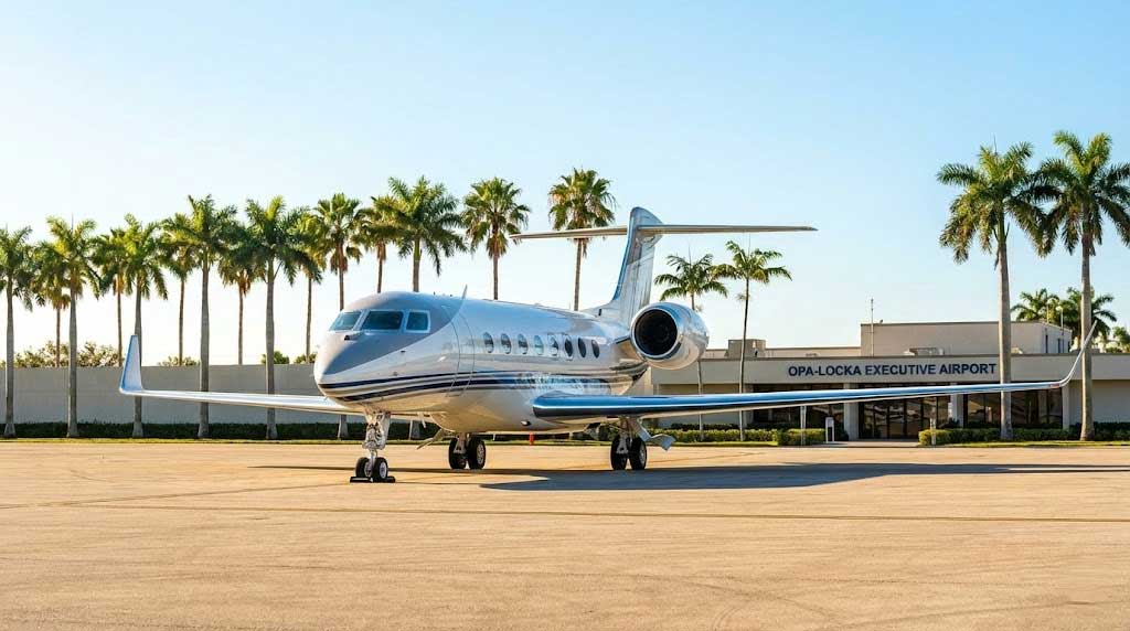 Private Jet Parked At Opa-Locka Executive Airport In Miami.