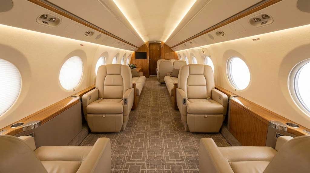 Spacious Private Jet Interior Showing Value For Group Travel.