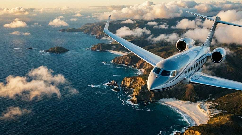 Private Jet Flying Over Coastline Representing International Travel Flexibility.