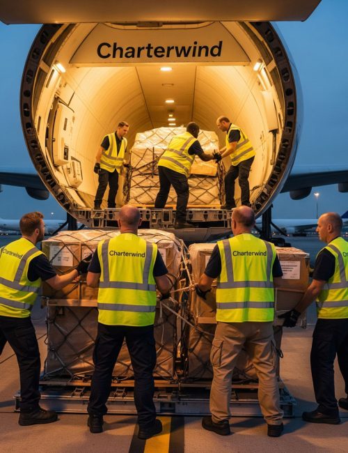 Professional Freight Handling A ground crew carefully loading freight onto an aircraft for a time-sensitive air cargo charter flight.