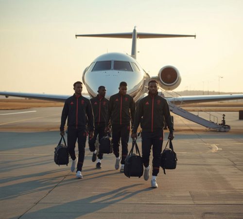 Winning Football Team After Traveling on Team Charters A victorious football team celebrating a win after arriving rested and focused using efficient team charters service.